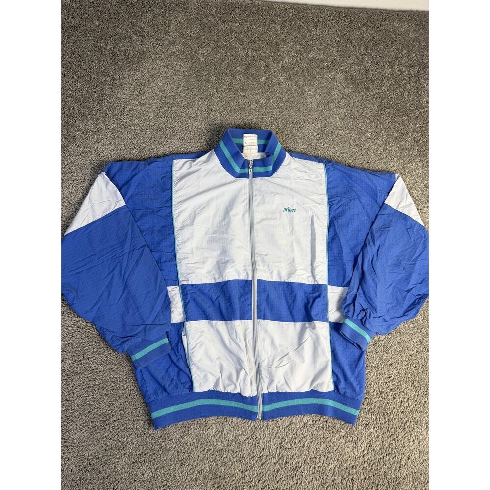 Vintage Prince Tennis Jacket Mens L Blue Windbreaker Lined Full Zip Pockets Logo